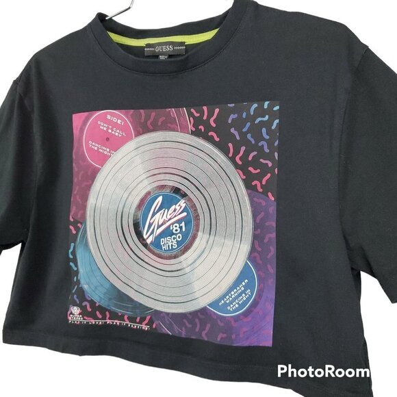 🚨378 Guess Graphic Print Disco Cropped Cotton Black T-Shirt - Picture 5 of 10